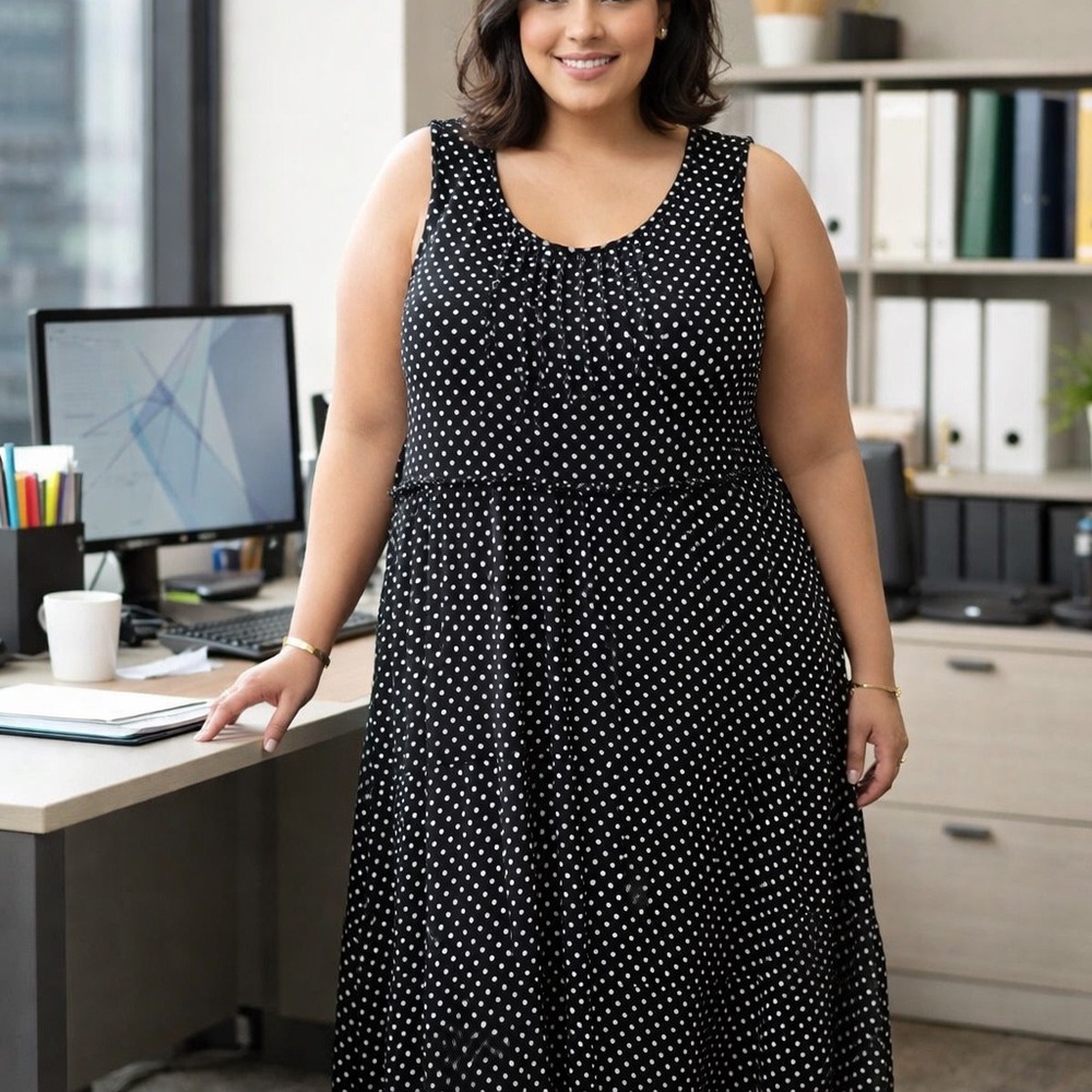 Le Bos Women Black White Polka Dot Sleeveless‎ Midi Dress Plus Size 24W Scoop